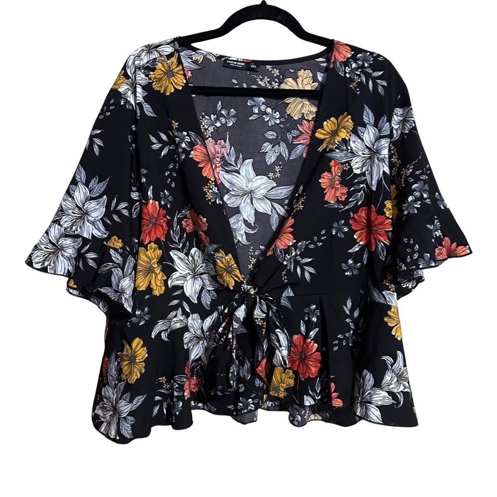 Shein Curve Black Tropical Floral Print Tie Front Ruffle Sleeve Blouse Top 2XL